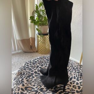 Black suede high heel point thigh high boots